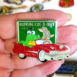 Glitter ENAMEL CONVERTIBLE CAR googly eyes Crocodile & PIG PIN